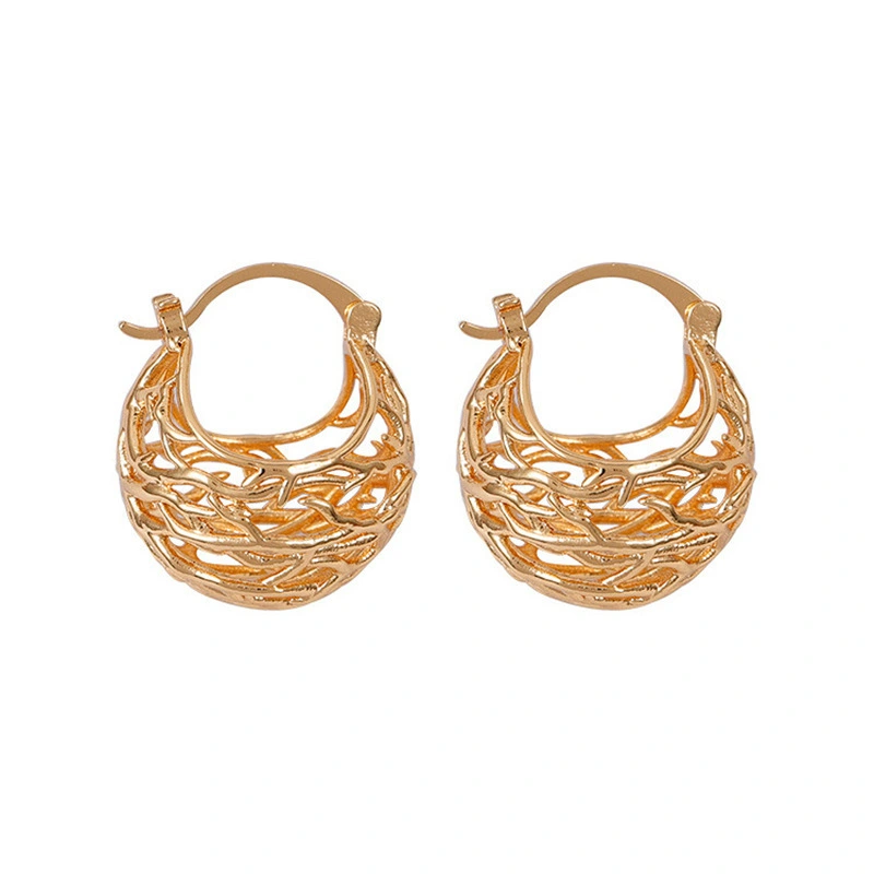 Wholesale Fashion 18k Genuine Gold Earrings Woven Hollow Round Ball Women's Earrings Jewelry 1