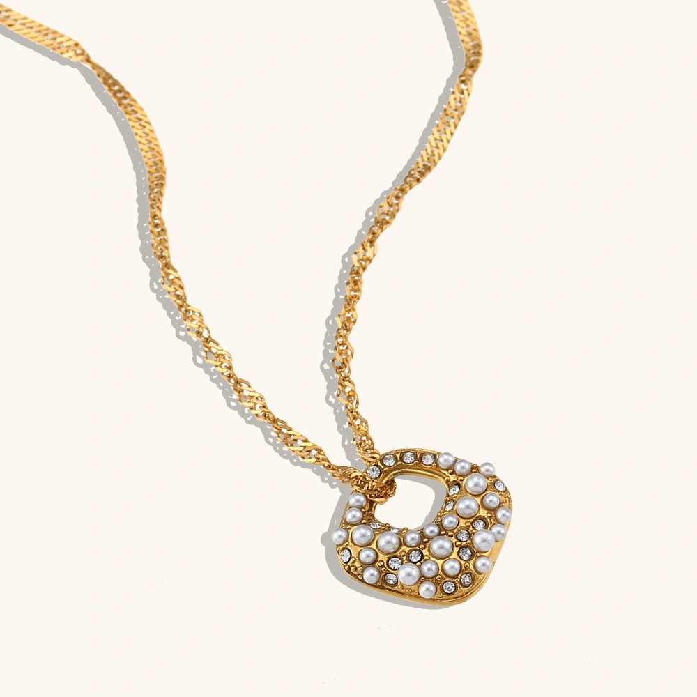 Stainless Steel 18k Gold Plated Hollow Chamfered Square Pearl Diamond Pendant Necklace For Women 1