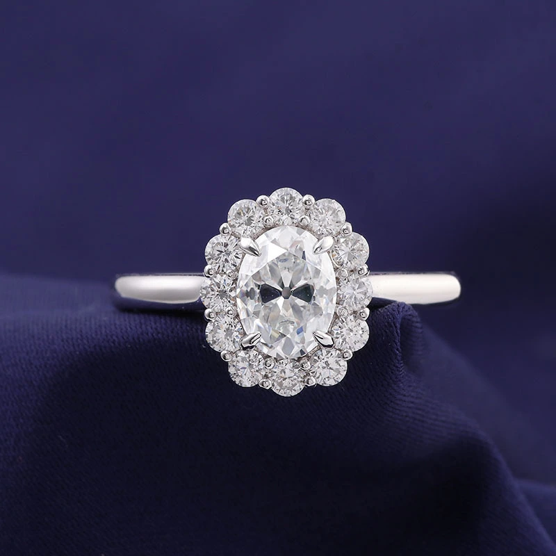 Fleurée 10k Bague en or blanc Rond & Rague de diamant Moisanite coupé ovale Taille personnalisée Taille pour l'amant 1