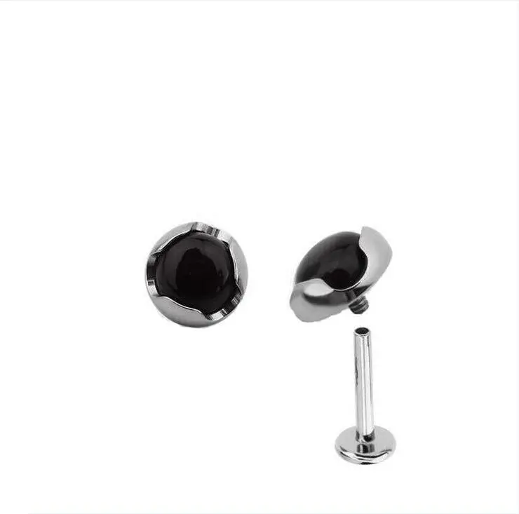 Eternal Metal Black Onyx Stone Astm F136 Titanium Internally Threaded Labret Lip Ring Ear Piercing Jewelry 1