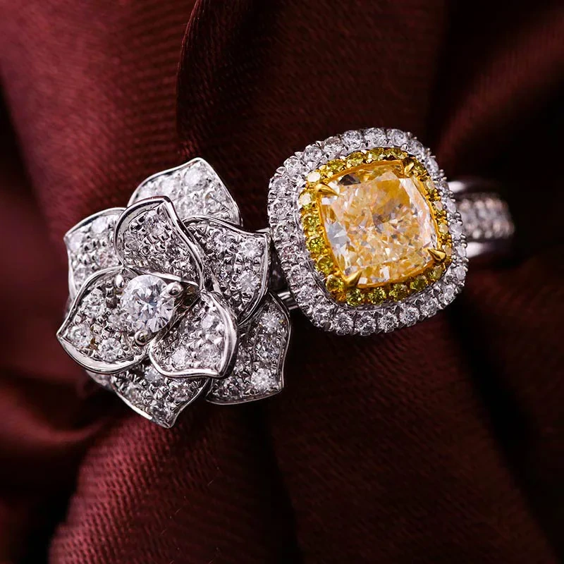 Dual Application Dignified 18k Gold Diamond Engagement Ring With Earl Flower And Cushion Yellow Diamond Ring 1