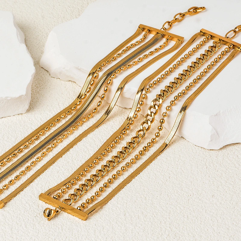 New Arrivals Fashionable Multi-layer Retro Titanium Steel Plated 18k Gold Chain With Irregular Punk Style Bracelet For Women 1
