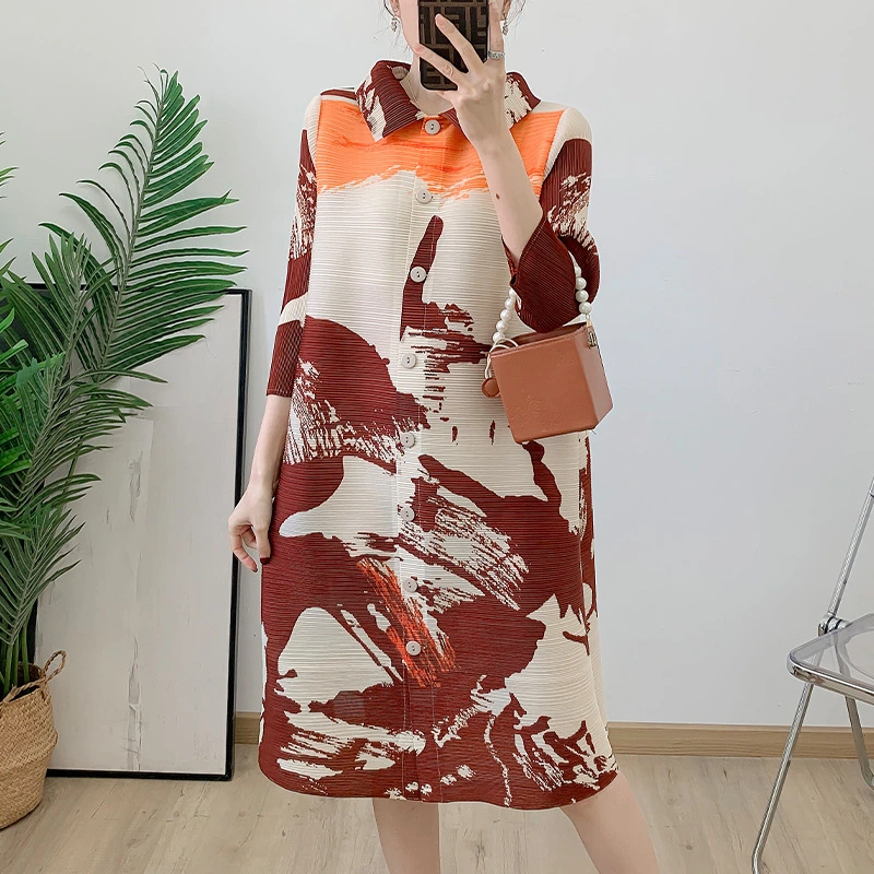 OEM&ODM Miyake Factory Direct Sales 2025 Spring And Summer New Pleated Fashion Print Cardigan Lapel Dress Women Casual Dress 1