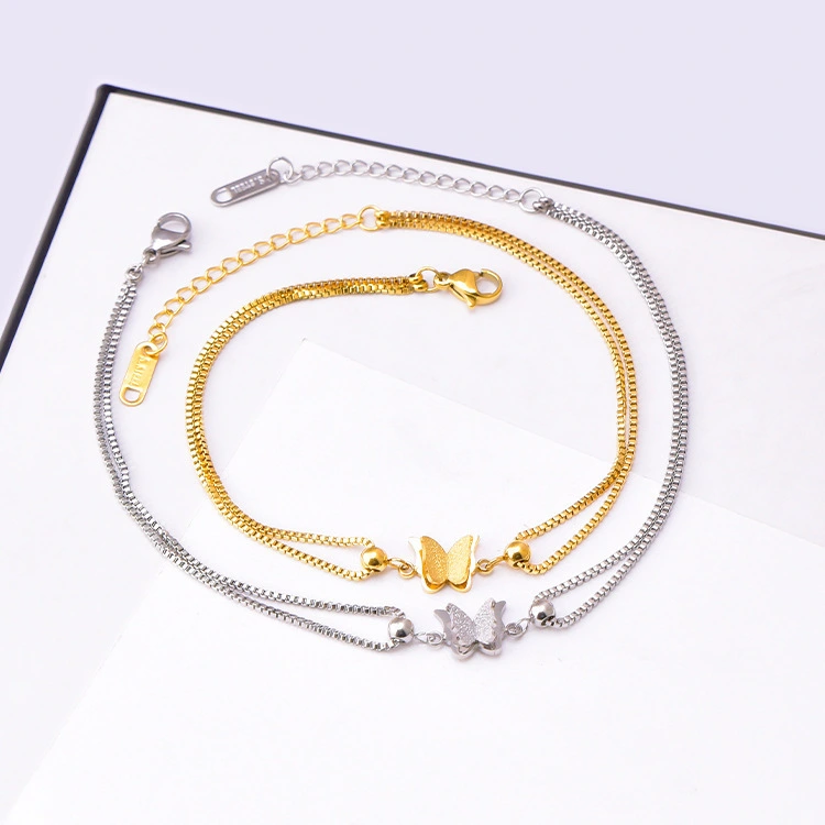 Wholesale Fashion New Double Layer Bracelet Simple Girl Matte Butterfly Cylinder Stainless Steel Gold 1