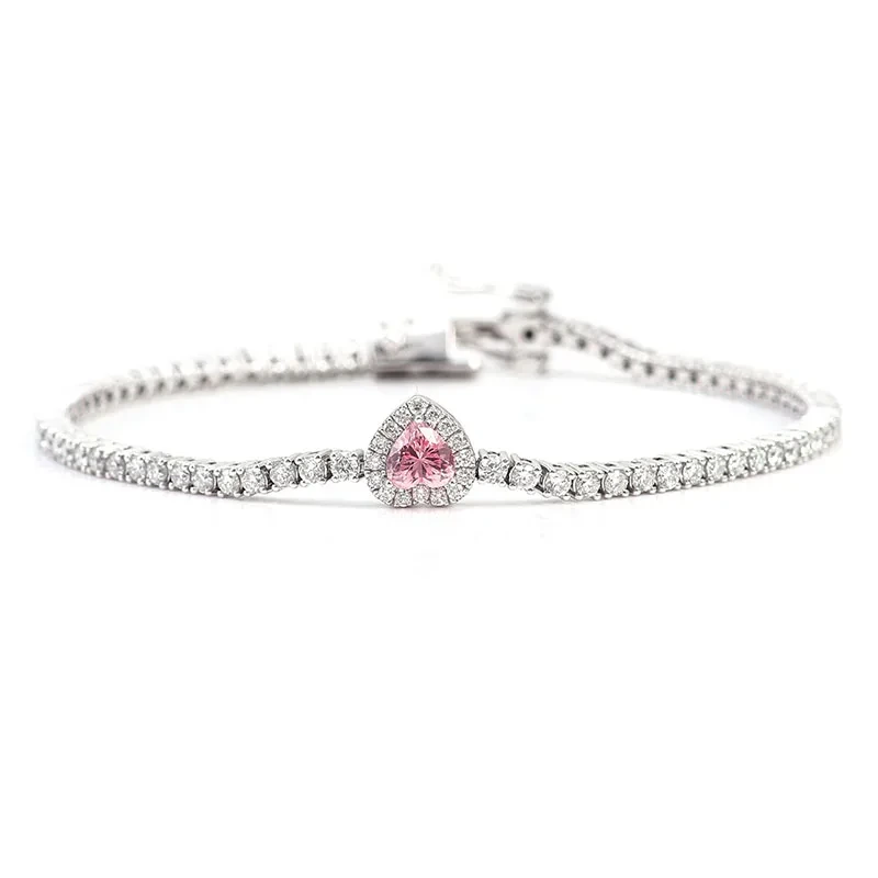 Joyas finas blancas D Color D Alta calidad Pulsera de cadena de tenis de moissanite 1 quilates zafiro rosa 14k mujeres de oro blanco 1