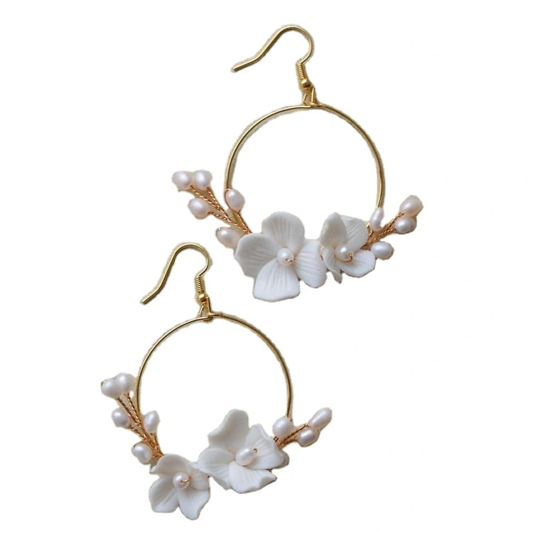 Flower Hoop Earrings Freshwater Pearl Dangler Female Eardrop 1