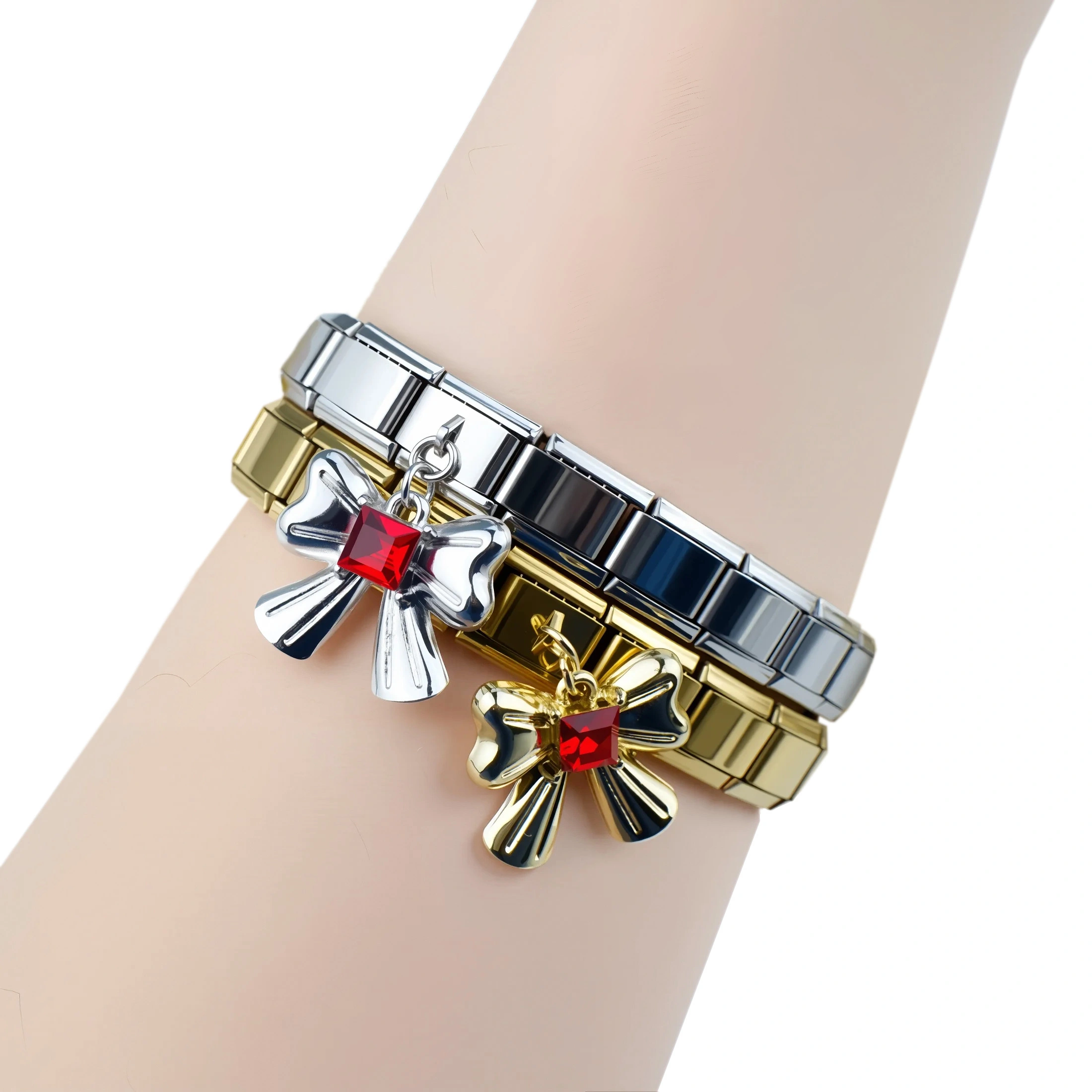 2025 Fashion Italian Charms Bracelet Gold And Silver Bowknot Pendant Series 304 Stainless Steel 9mm * 10mm Module Bracelet 1