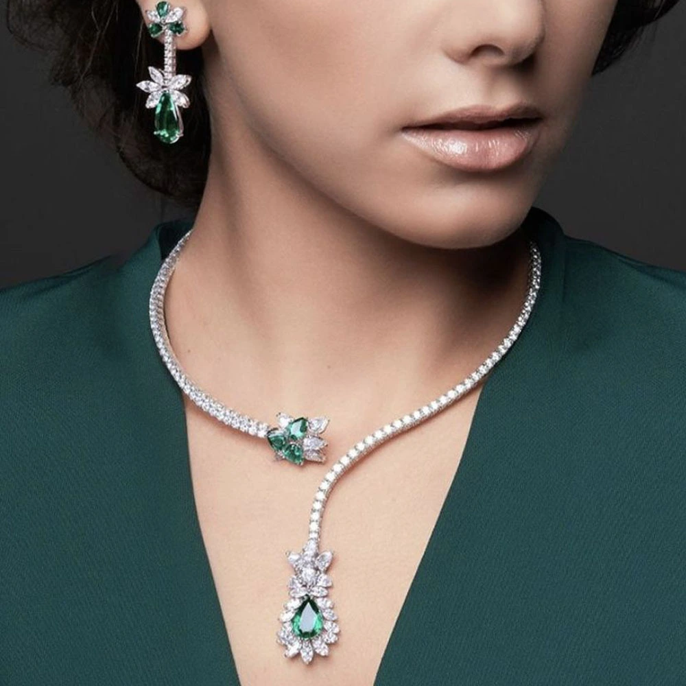 Green Zirconia Bridal Necklace Full Diamond Collar Chain 1