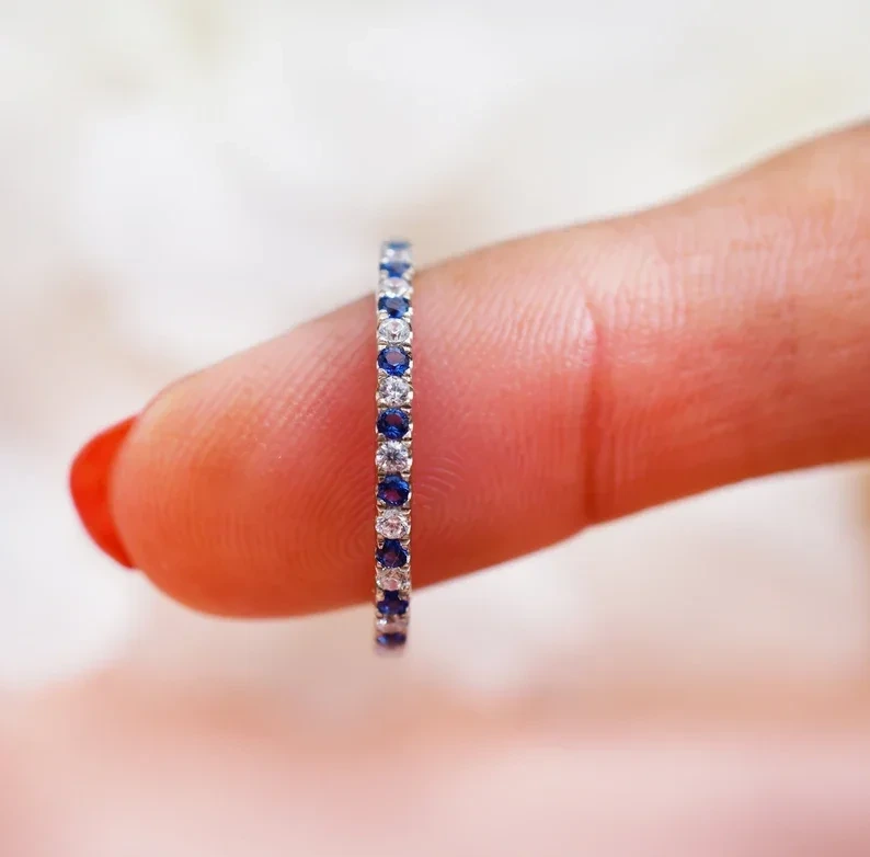 14K Blue Sapphire & Band de mariage en diamant, bague d'éternité complète, bague de fiançailles en saphir, cadeaux pour sa fille, anneaux pour femmes 1