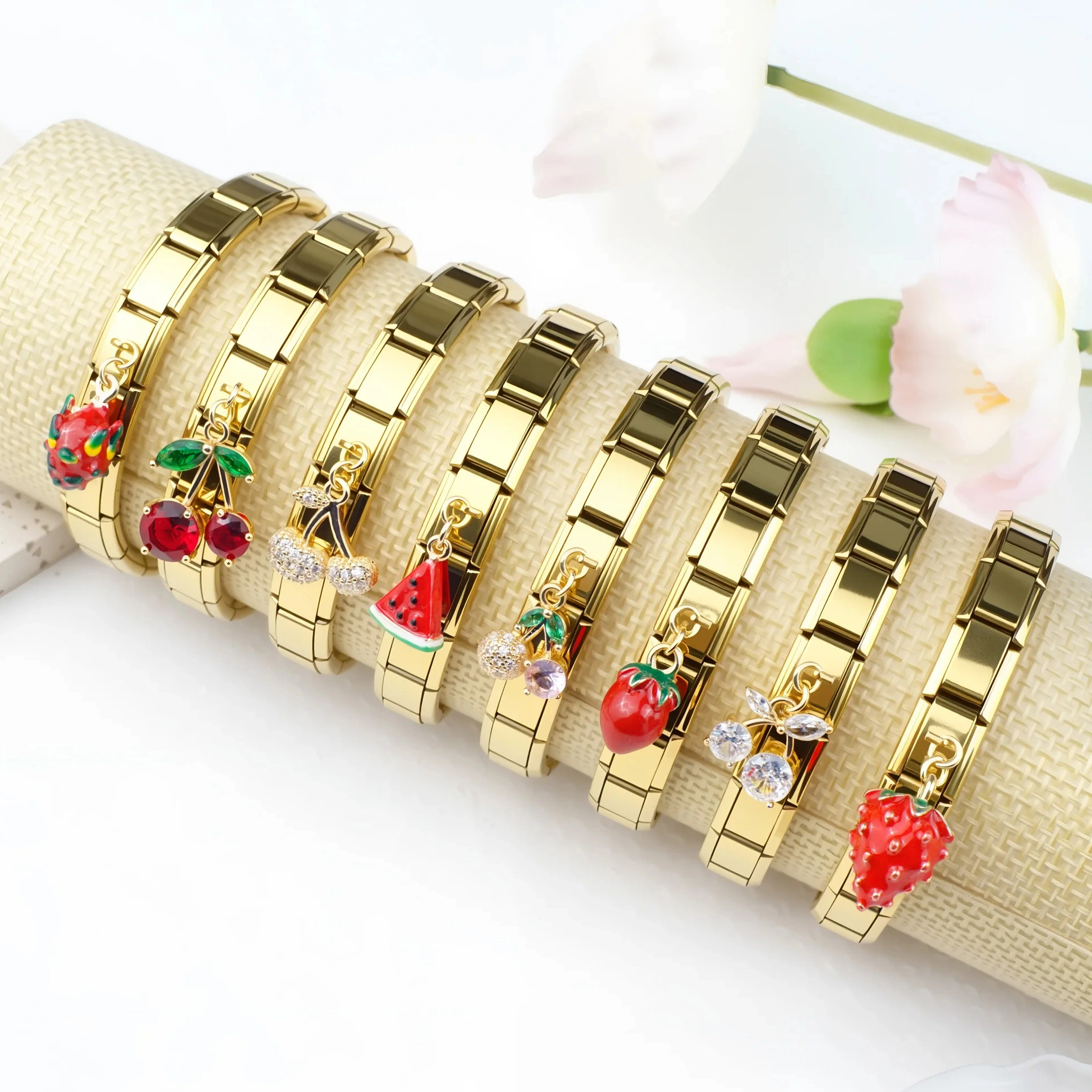 Wholesale Gold Plating Spring Summer Fruit Pendant Charm Bracelet 304 Stainless Steel Italian Charm Bracelet 9mm * 10mm Module 1