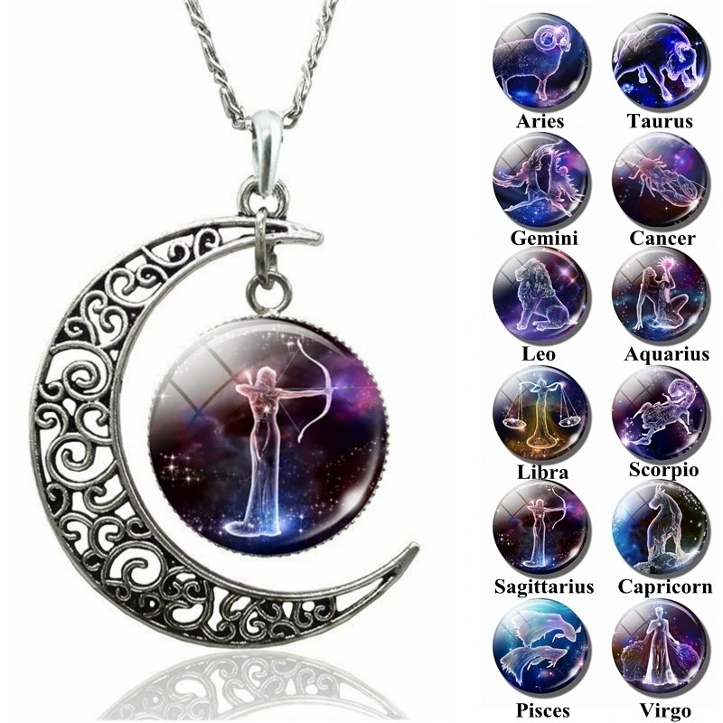 12 Zodiac Glass Crescent Necklace Women's Jewelry Birthday Gift 1