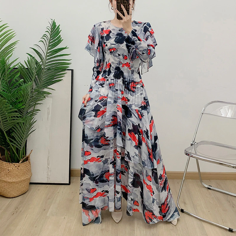 Miyake Factory Pleated Choled Sleeve Dress 2025 Spring New Women New Printed Dress Luxury Brand Leated Clothing ODM 1
