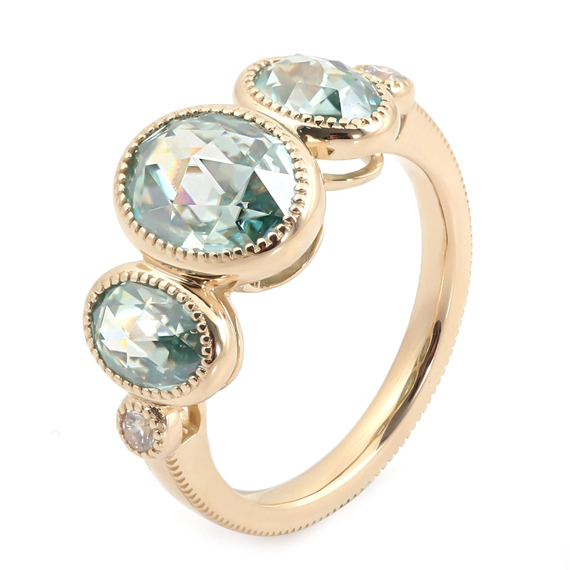Trilogie populaire anneau diamant ovale couleur bleu-vert double rose coupé en rose diamant trois anneaux en pierre 1