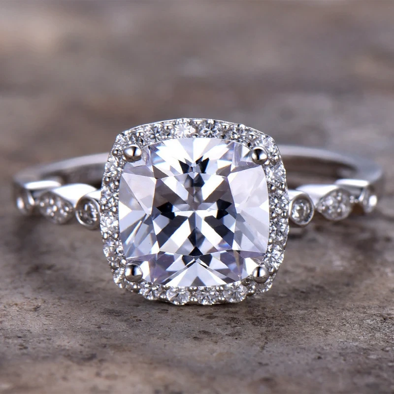 سعر البيع بالجملة PLW09 CUSHION CUST 6.5MM MOISSANITE Stone 14K خاتم الخطوبة الذهب الأبيض 1