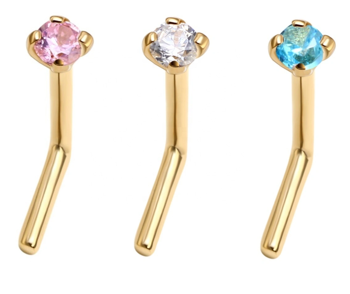 Eternal Metal 14k Gold 20g Prong Set Round Shaped Cz L-shaped Nose Stud Piercing Jewelry 1