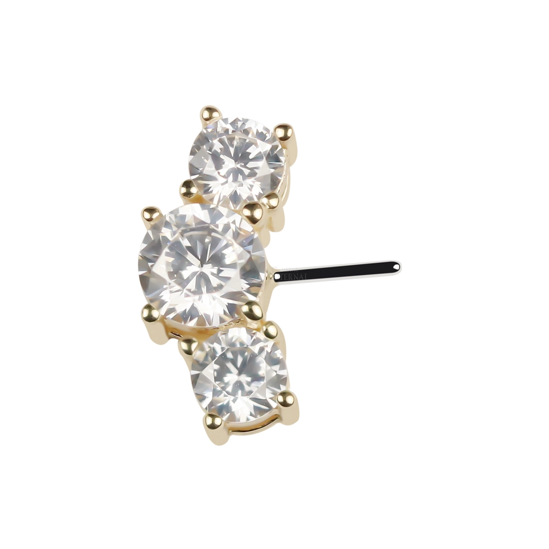 Eternal Metal Threadless Push In Front Facing 3 Cz Fan Set Curved Tops Ends 14k Solid Gold Piercing 1