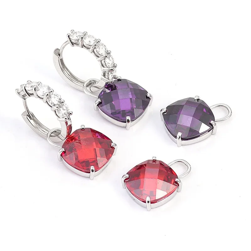 10k White Gemstone Drop Earrings 10*10mm Cushion Cut Pendant 3mm Diamond Hoop Women Gold Earrings 1