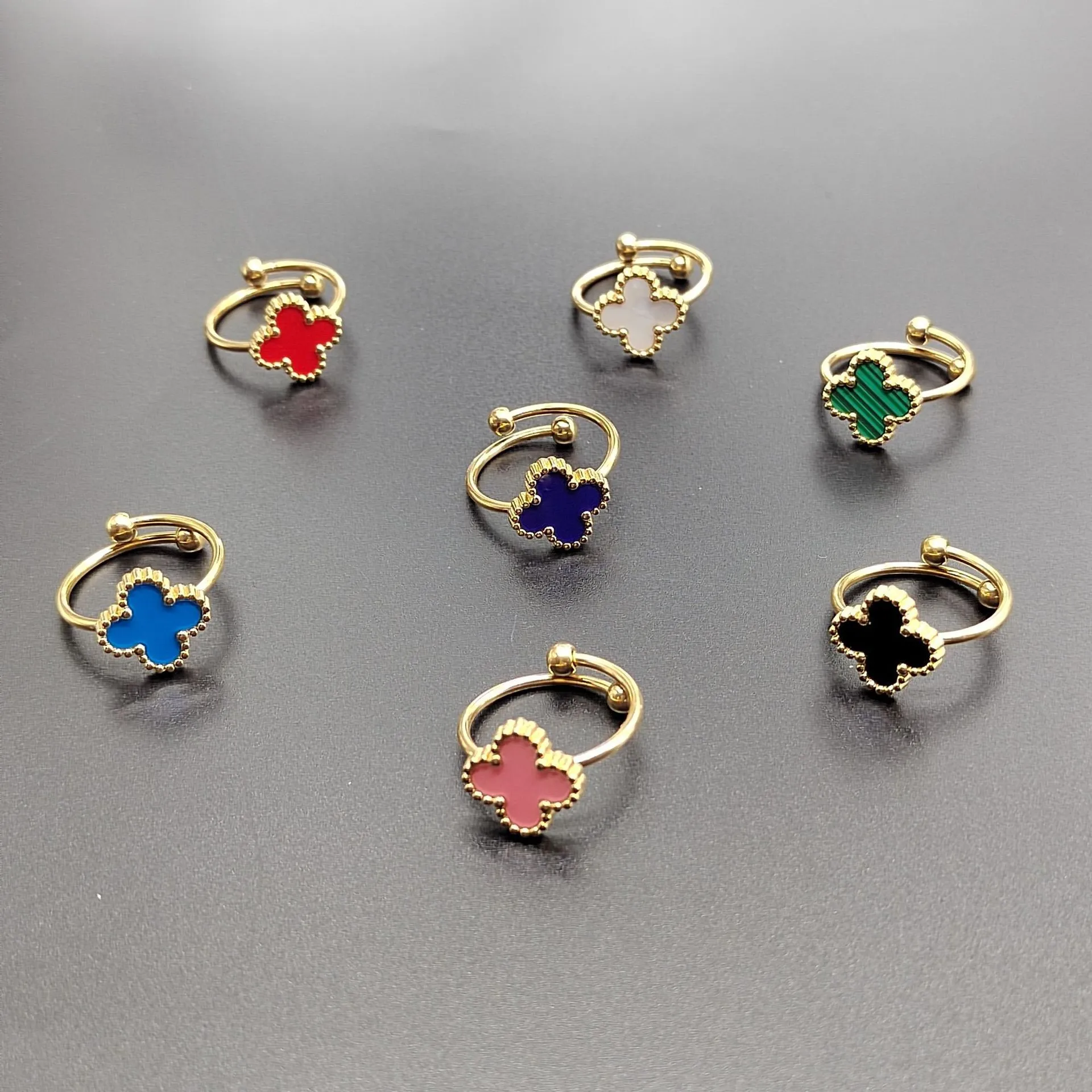 Stainless Steel Four Leaf Clover Adjustable Opening Ring 18k Gold Plated Fashion Versatile Design Sense Ring Wholesale 1