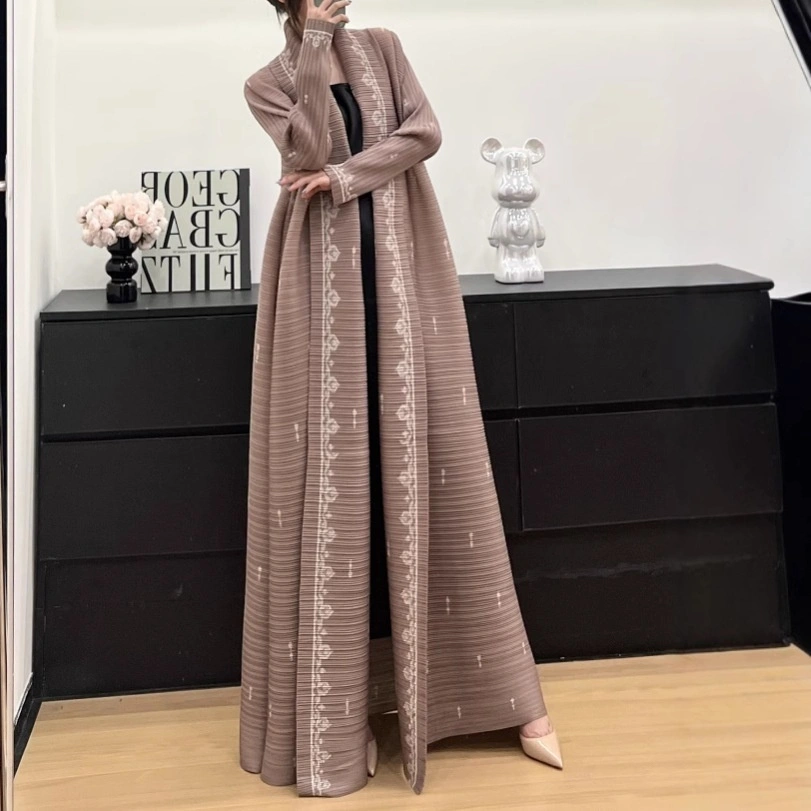 Tailored Pleated Dresses for Your Brand | Custom OEM & ODM Production Miyake Pleated Abaya Women Muslim Dress Long-sleeved Cardigan Robe Elegant Modest Style For Spring Autumn Gown Odm And Oem 1