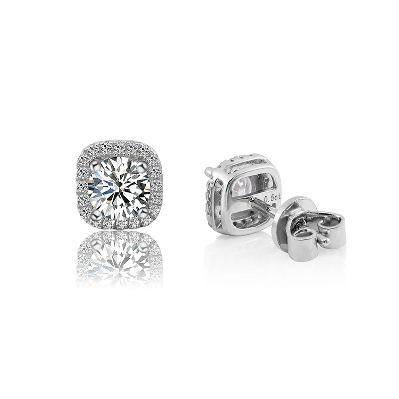 Prêt à expédier White Moissanite 0,5ct Cushion Halo 925 STERLING Silver Earge Studs for Men / Women 1