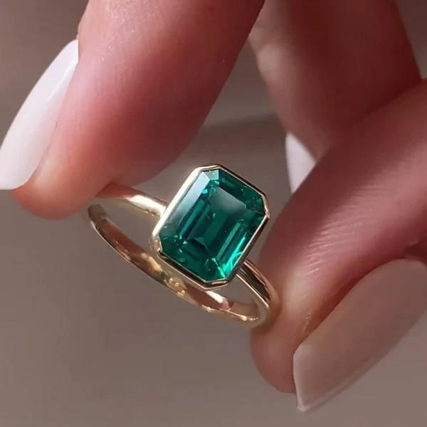 14k bisel set 3ct anillo de esmeralda verde en oro amarillo 9*7 mm Laboratorio Emerald Birthstone Ring Regalo para ella para ella 1