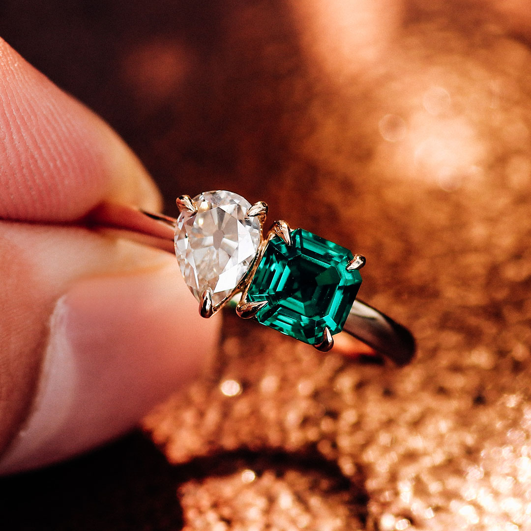 Bague de mariage en moissanite 10k 14k véritable or taille émeraude taille laboratoire <000000> Bague Toi et moi en moissanite champagne taille poire 11