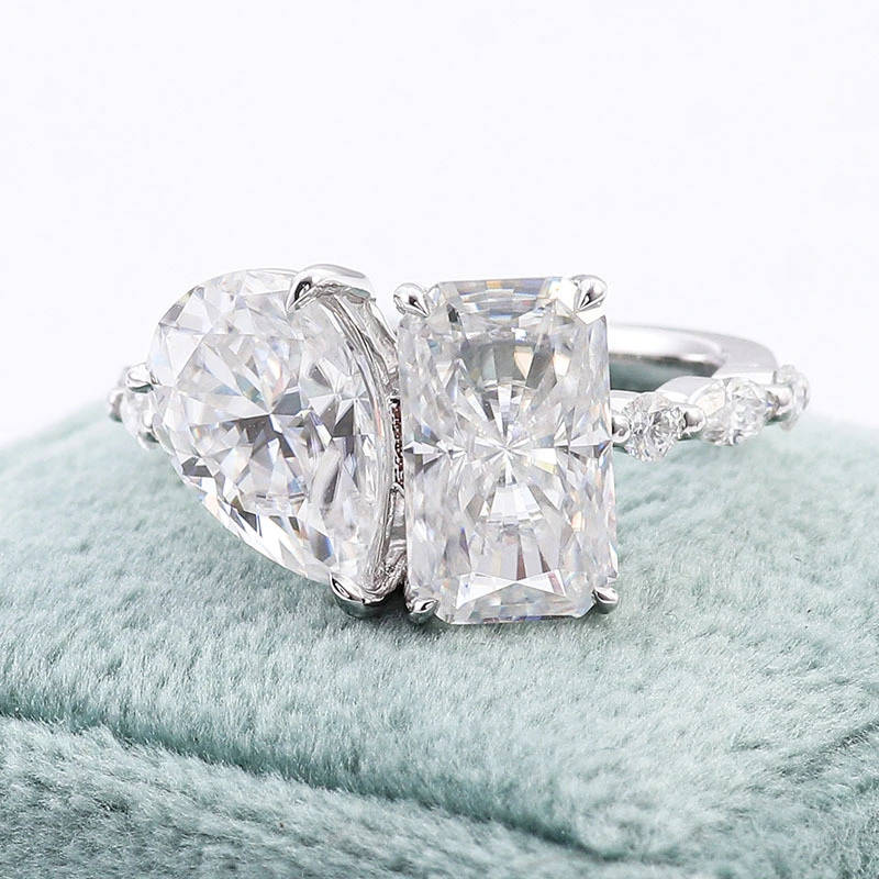 Bague Moisanite à double pierre Pierre & Radiant Cut Moissanite Engagement Anneau de fiançailles Diamants Rings Fine Bijoux 1