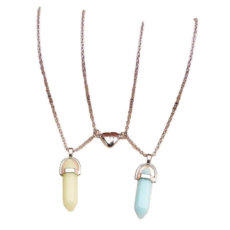 New Luminous Hexagonal Column Pendant Necklace With Natural Stone Heart Shape Pendant Couple Magnetic Necklace Jewelry 1