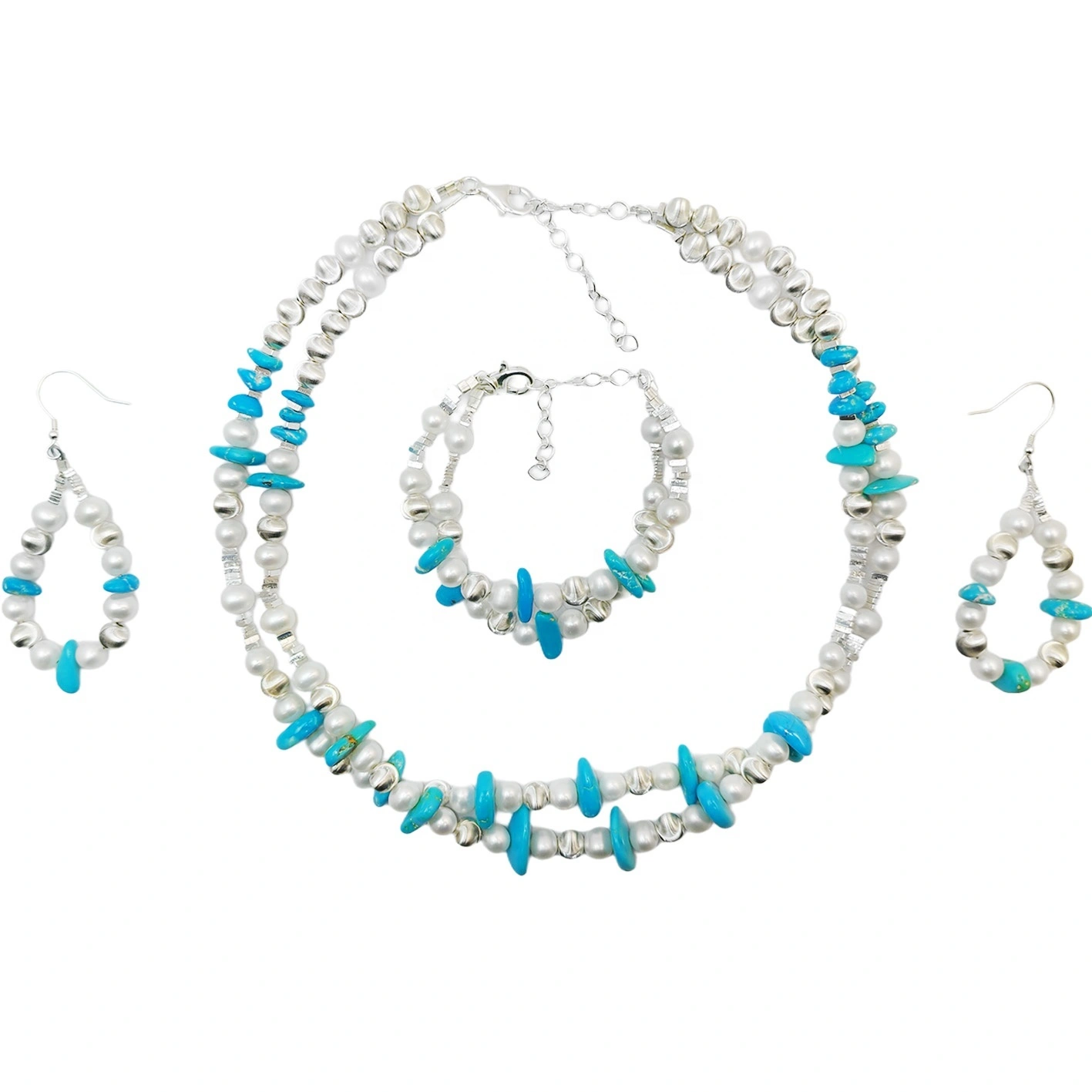Turquoise Set Natural Pearl & Turquoise Premium Match S925 Silver Jewelry Original Design Handmade 1