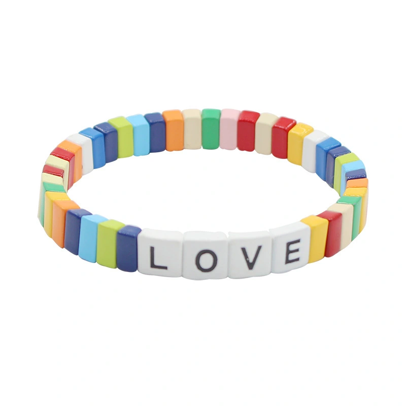 Boutique Jewelry Charm Customizable And Adjustable Popular Letter Enamel Bohemian Letter Colored Elastic Tile Bracelet For Women1 1