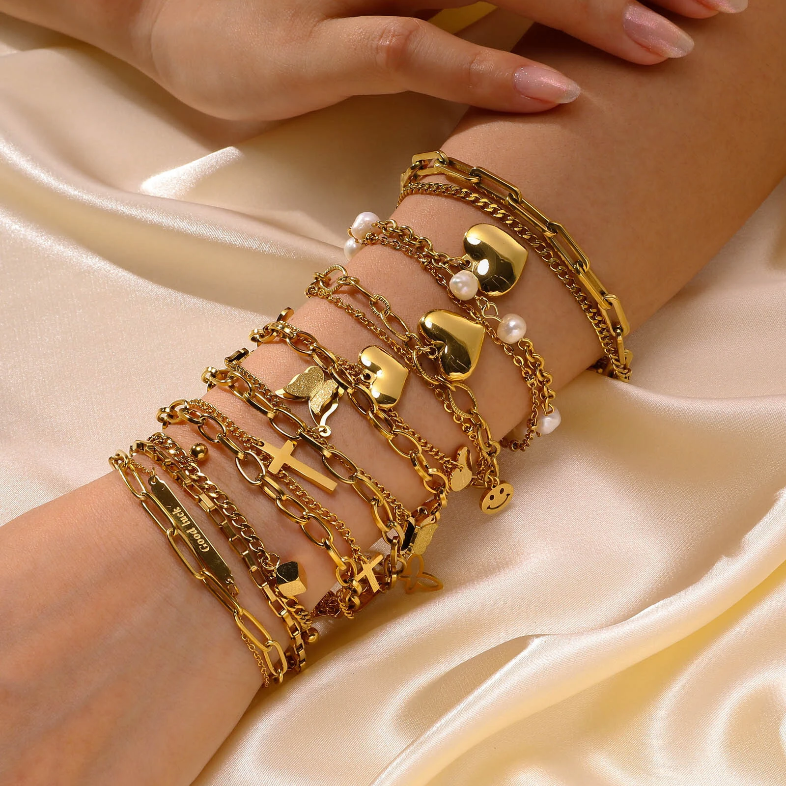 Stainless Steel Double-layer 18k Gold Rectangular Brand Heart Cross Imitation Pearl Personalized Bracelet Jewelry For Women 1