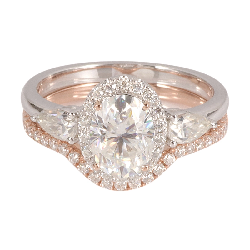 Le plus récent venu 6x8 mm ovale brillant coupé central Moisanite Moisanite Ring Ensemble en or 14k pour la mariée 1