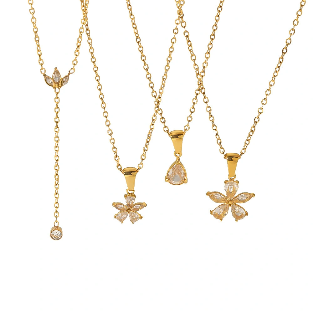 Ins New 18k Gold Plated Stainless Steel 16mm White Zircon Five Petal Flower Pendant Necklace For Women 1