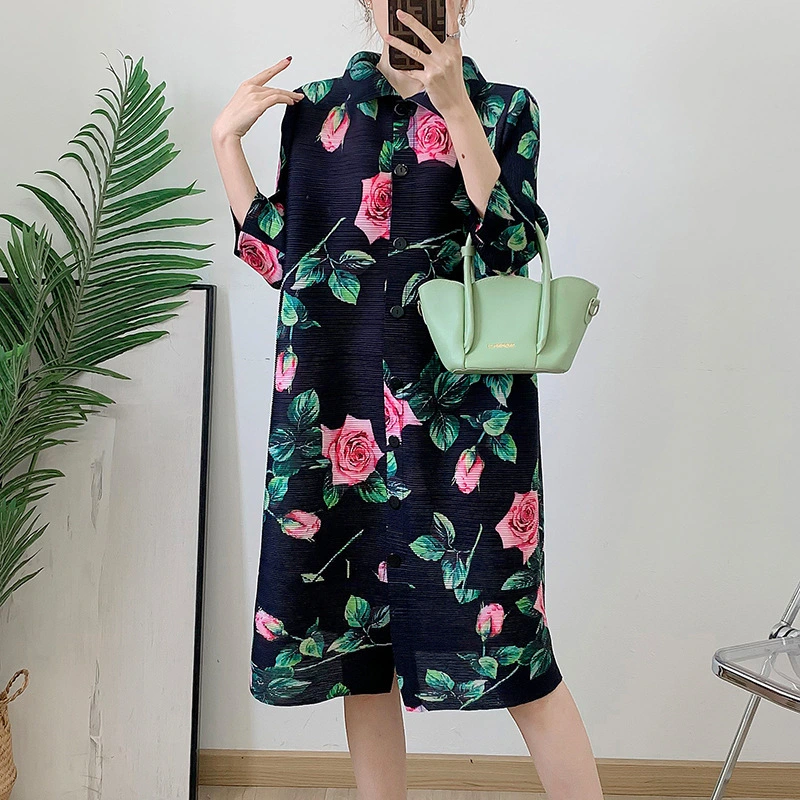 Falten Kleidung: Faltenfabrik Direktverkauf Falten gedrucktes Rosenhemd Kleid 2025 Frühling Neues Frauen Casual Kleid 1