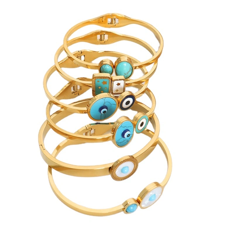Vintage Natural Turquoise Gold Drop Eye Blue Bracelet Stainless Steel Geometric Personality Open Bracelet Wholesale Female 1