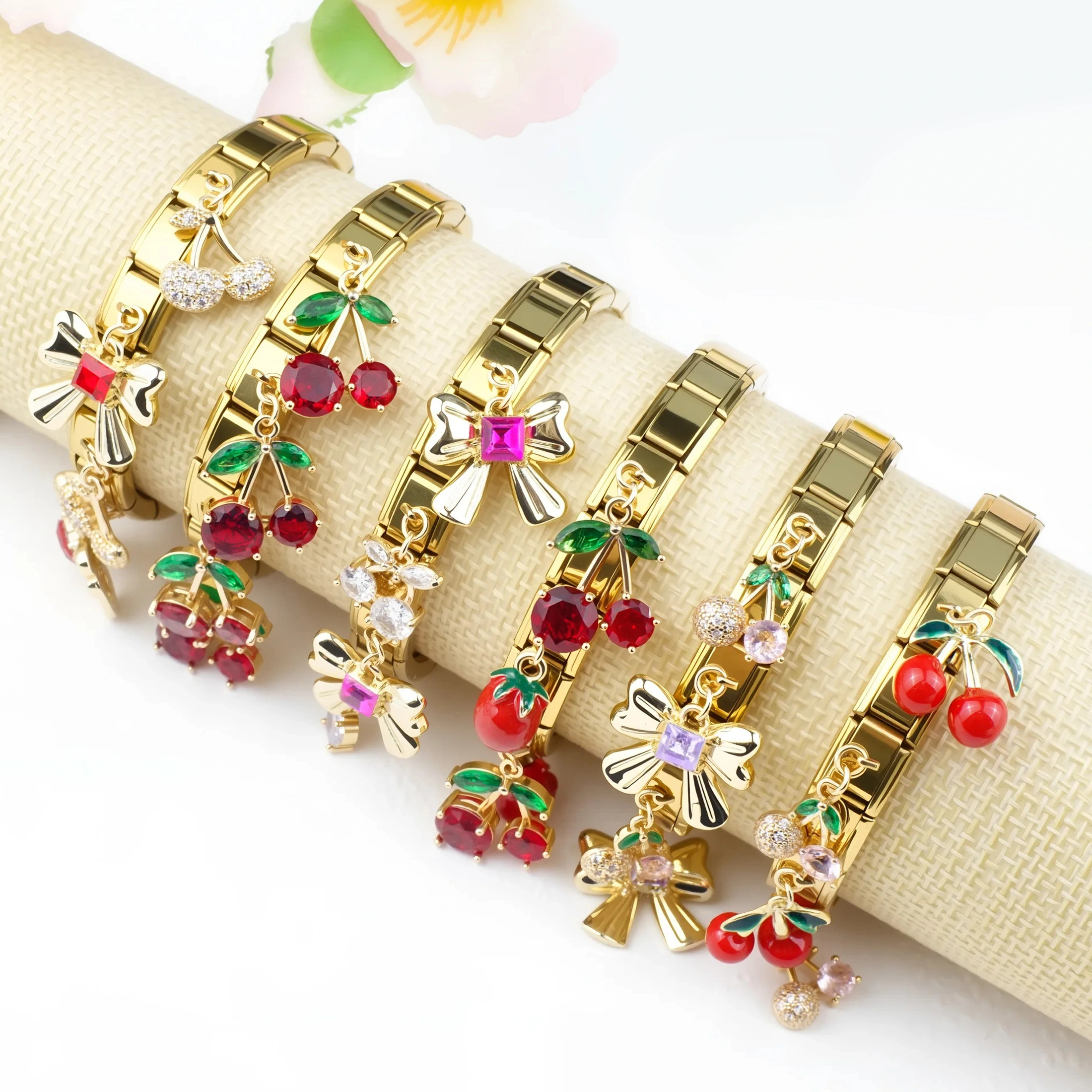 2025 Diy Fashion Customized Cherry Bowknot Potato Series Pendant 304 Stainless Steel Italian Charm Bracelet 9mm * 10mm Module 1