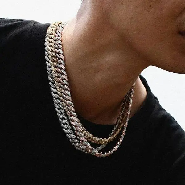 Party Shiny Miami Cuban Chain Necklace Men's Necklace Hip Hop Jewelry Sterling Silver Golden Ice Cuban Chain 1