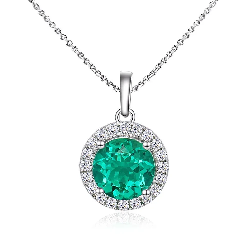 Lab Grown Emerald 1ct Pendant Necklace With Round Halo Women Jewelry Fashion Men Gift Gold Party Classic Stone Unisex Oem 1