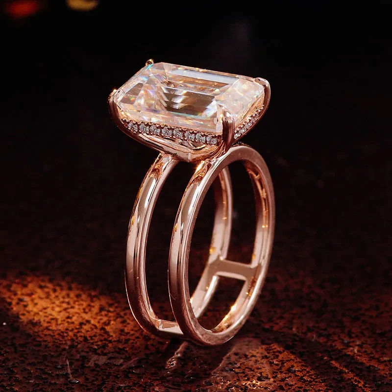 Fashion Ladies Anillo de compromiso de compromiso Diseño de banda doble de 14k Rosa Rosa 9 quilates Def/VVS Emerald Moissanite Diamond Ring First Jewelry 1