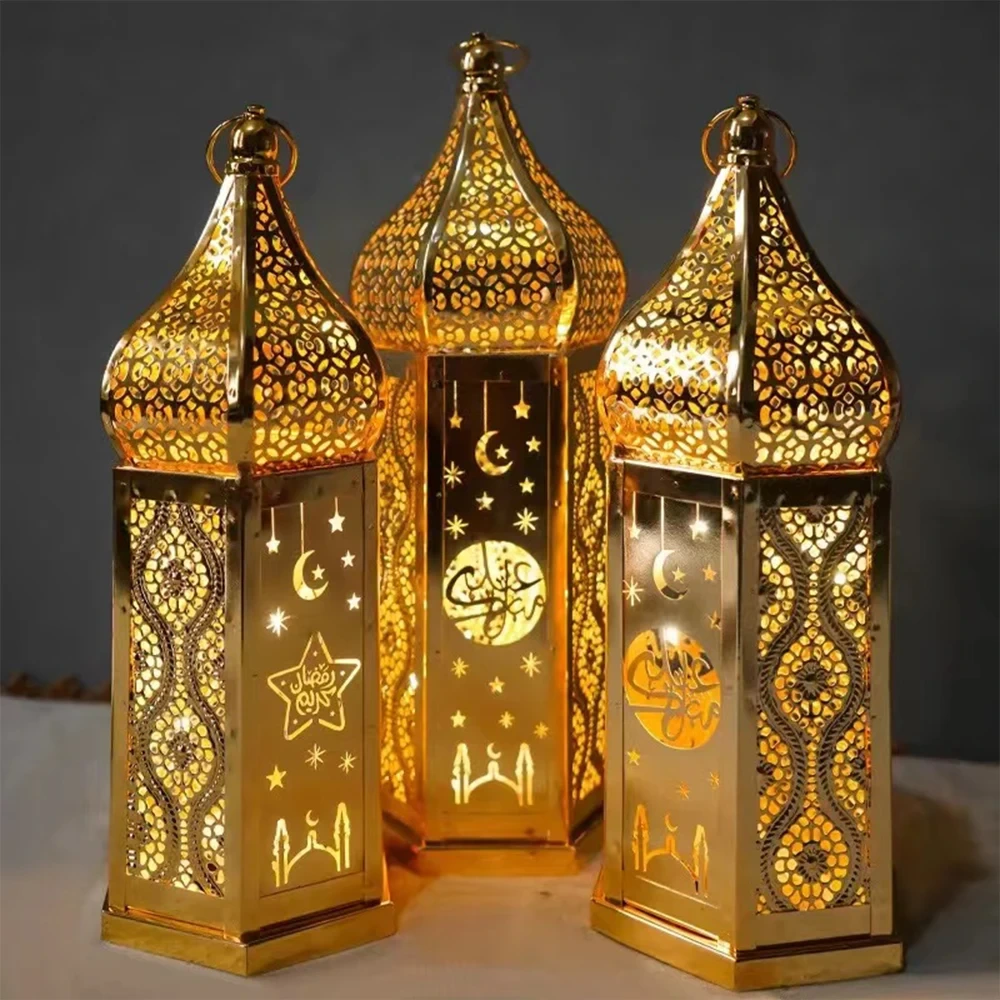 Retro Hollow Faoi stiúir Eid Mubarak Féile Lantern Metal Gold Lantern Cóisir Saoire Atmaisféar Maisiúil Lampa Maisiúcháin Ramadan 1