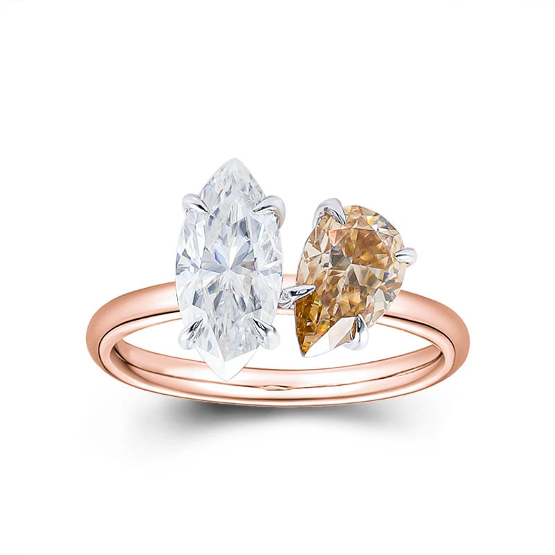 Anillo de compromiso de moissanita color champán con corte marquesa de 2 quilates en oro amarillo de 14 k 1