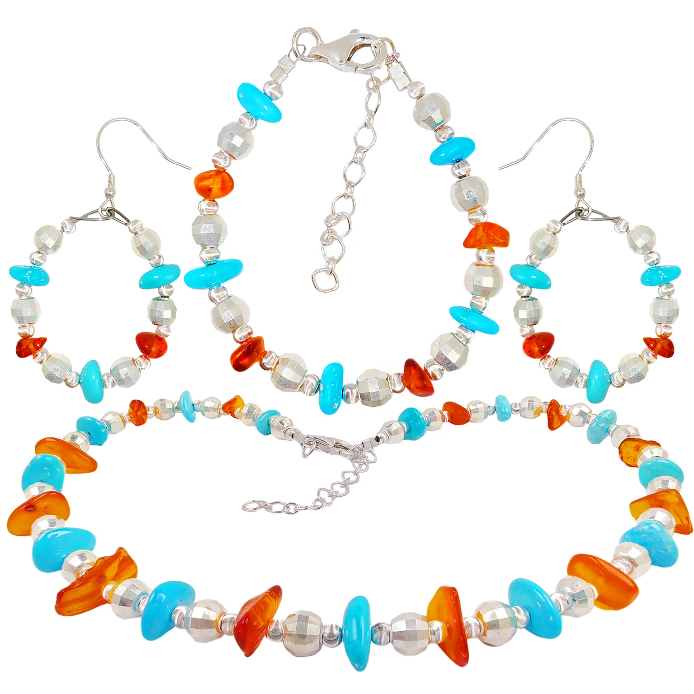 This Set Bracelet A Necklace And A Pair Of Earrings Natural Amber Is Vivid And The Turquoise Mysterious Paired With Exquisite 1