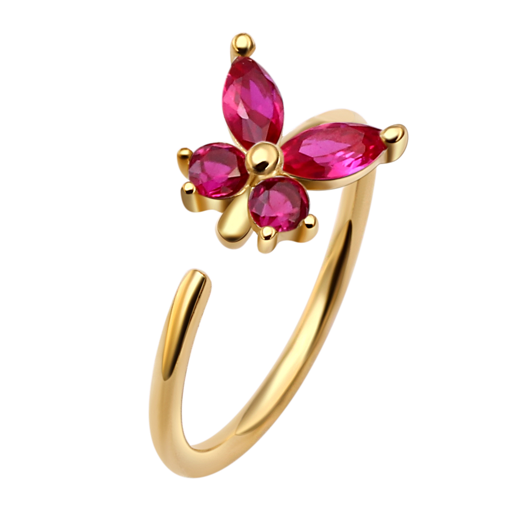 Eternal Metal 14k Solid Gold Triple Aqua<000000>pink<000000>red Cz Flower Nose <000000> Ear Hoop Piercing Navel<000000>labret Seamless Ring Jewelry 9