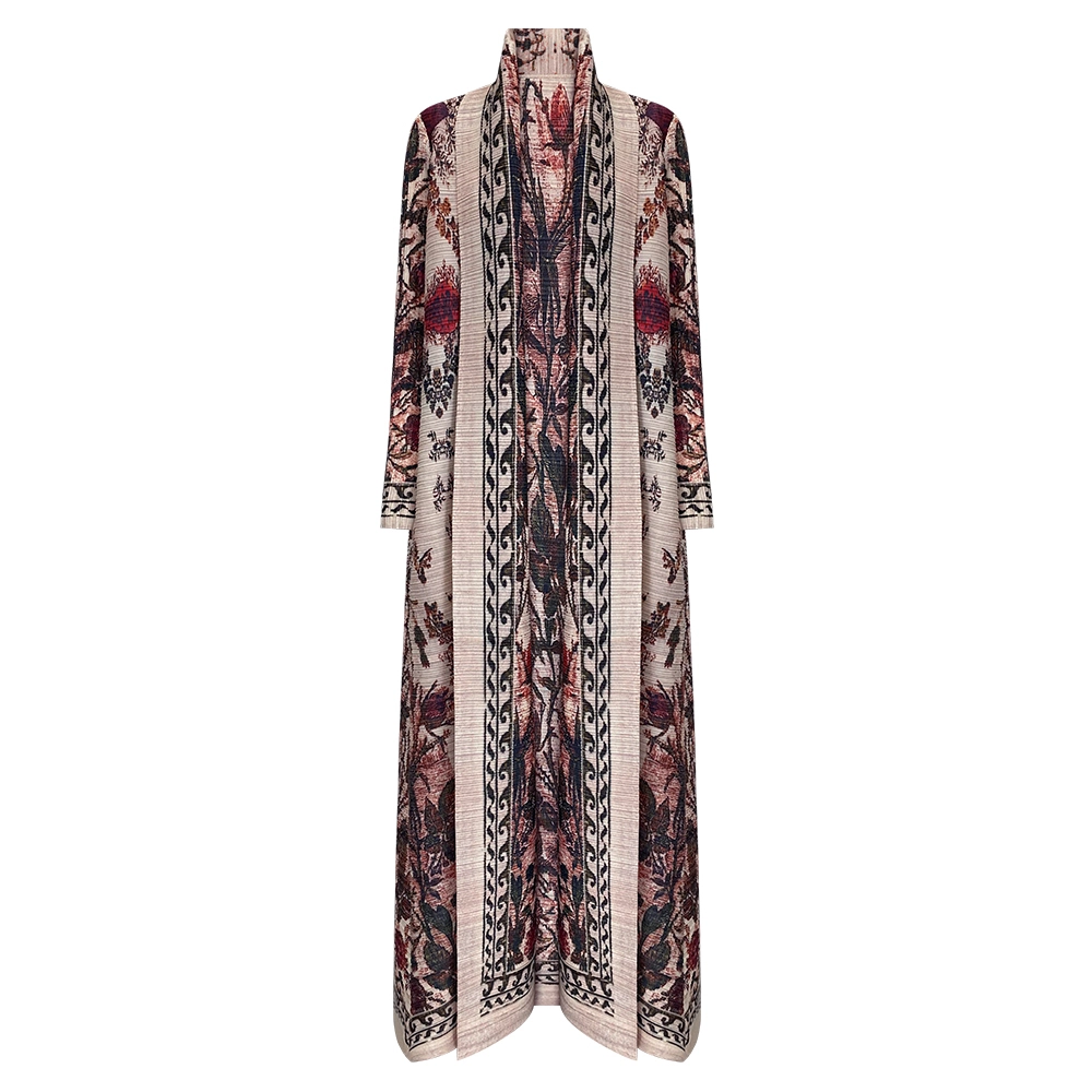 Plis Fabricant de vêtements Rose Pli Col Rabattu Vintage Moyen-Orient Robe À Manches Longues Femmes Nouvelle Conception D'impression Abaya Mode Long Manteau Lâche 1