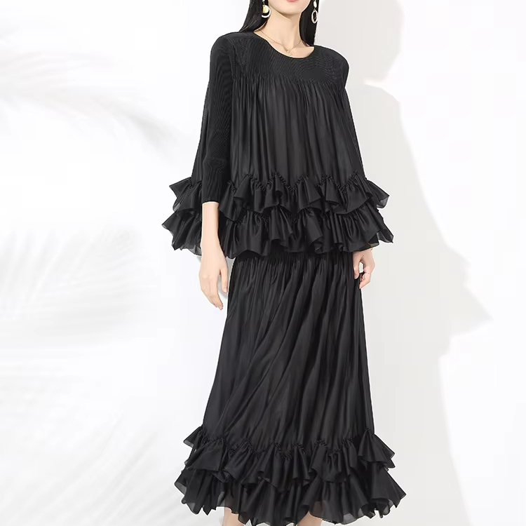 Votre robe plissée fabrique un ensemble deux pièces plissé à la mode pour femmes 2025, nouvel ensemble deux pièces haut à volants et jupe longue 1
