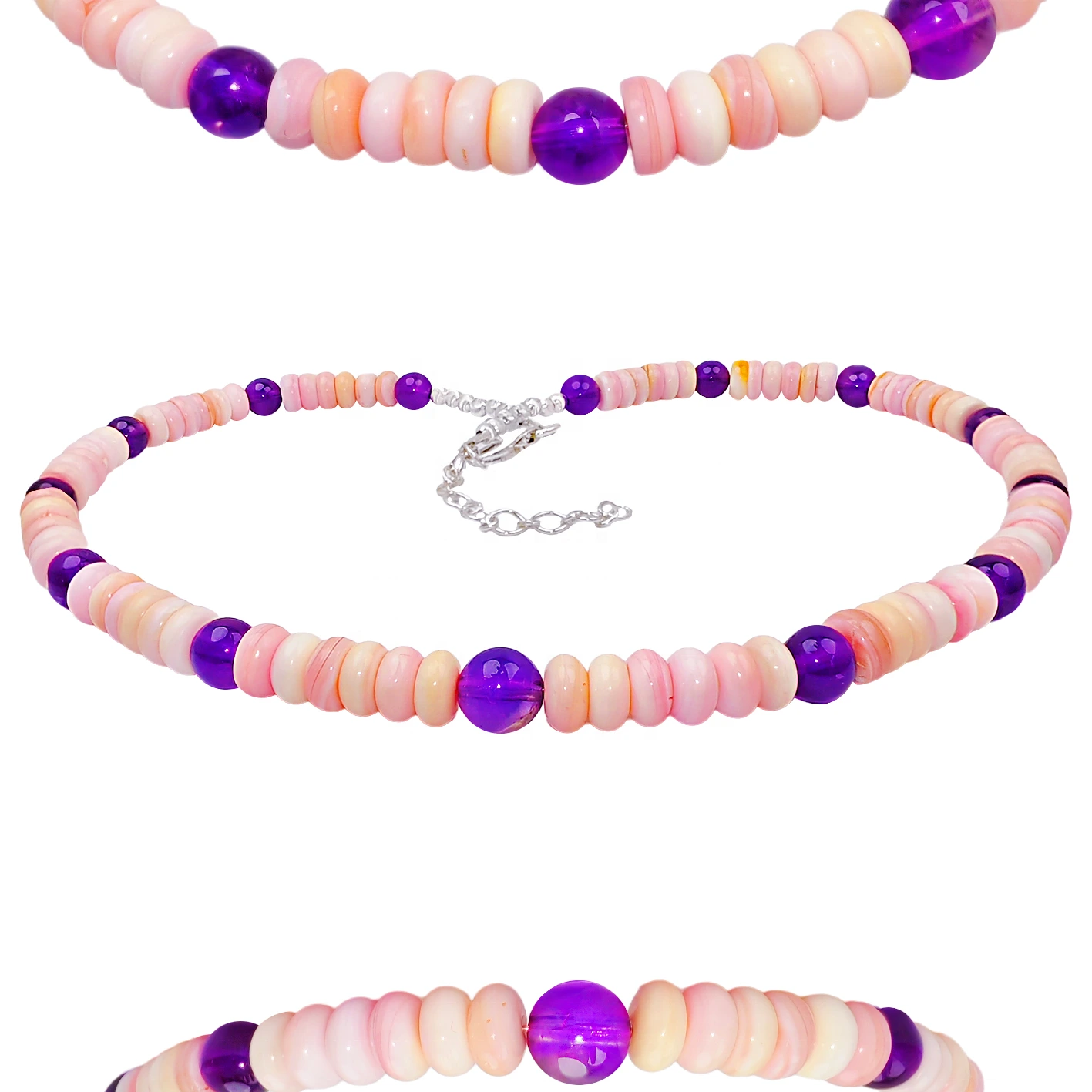 Natural Amethyst Beads And Natural Pink Pink Opal Roundel Necklace Women's Jewelry Boutique Handmade 1