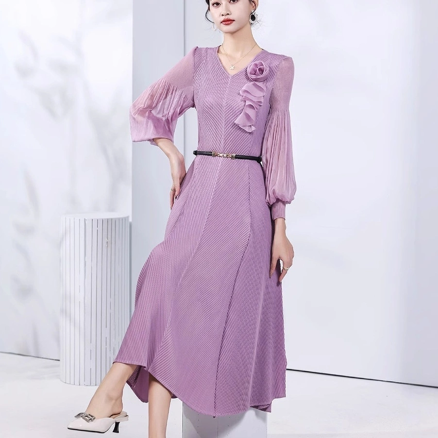 Fashionable Versatile  Factory Wholesale | OEM/ODM Custom Services Available Pleated Elegant Korea Style Ladies Dresses Party Bodycon Plus Size Flower Women's Long Maxi Casual Office  With Belt 1
