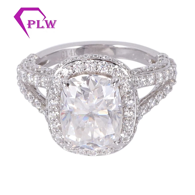 Coussin de luxe Coup 7 * 9 mm Diamond Moissanite 14K White Gold Engagement Halo Anneaux 1