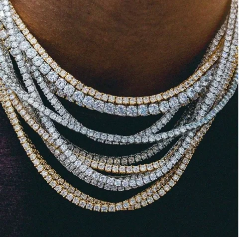 Men's Tennis Diamond Chain Necklace 18k Gold Plated 3mm Round Cut Def Moissanite Silver Tennis 22 Diamond Chain 1