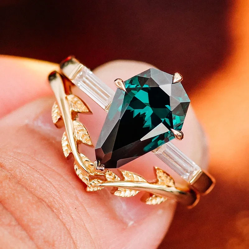 18k Real Gold 2.5 Carat Dark Green Moissanite Ring Set Jewelry Leaf Band Two-piece Ring Women's Engagement Ring 1